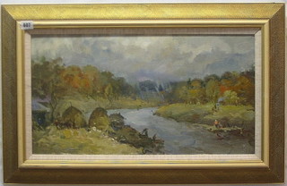 Petro Magro, oil painting on canvas "River with Figures" 12" x 23"
