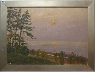 Volodymyr Zhugan, oil painting on board, "Sea Scape with Sunset" 19" x 27" 