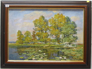 Volodymyr Zhugan, impressionist oil painting on board "Lake with Lilies and Trees" 19" x 26" 