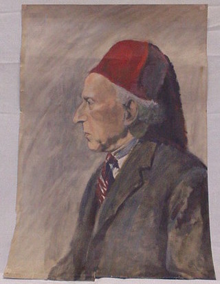 An oil on paper, "Gentleman Wearing Red Head Dress" 22" x 15" monogrammed MVS