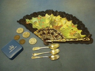 A 1977 Silver proof Jubilee crown, 3 other crowns, 2 Victorian pennies, 3 silver plated spoons and a fan
