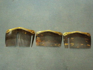 3 Edwardian tortoiseshell hair slides with 9ct gold mounts