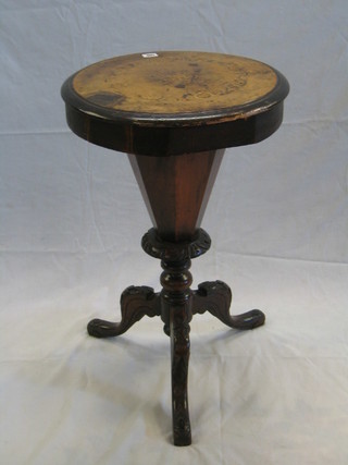 A Victorian circular conical shaped figured walnutwood work box with hinged lid and inlaid floral decoration, raised on pillar and tripod supports 18"
