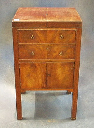 A Regency mahogany enclosed wash stand fitted a pot and bowl, the base fitted a drawer above a cupboard, raised on square supports 18"