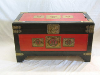 A 20th Century painted camphor wood coffer with pierced brass mounts 40"