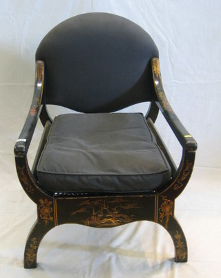 A 1930's lacquered chinoiserie style open arm chair with woven cane seat, upholstered grey material