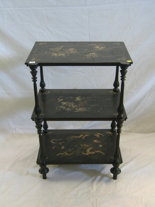 A 19th Century rectangular black lacquered 3 tier jardiniere stand, raised on bulbous turned columns 25"