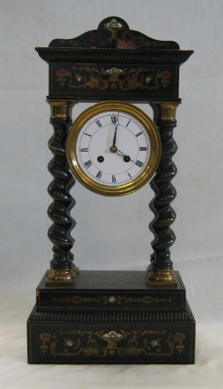 A 19th Century French striking Portico clock with enamelled dial and Roman numerals contained in an inlaid brass and boulle case