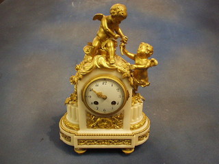 A handsome French 19th Century 8 day striking mantel clock with porcelain dial and Arabic numerals contained in an alabaster case surmounted by 2 gilt spelter figures of cherubs