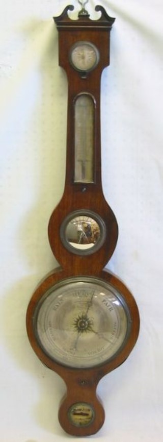 An 18th/19th Century wheel barometer and thermometer with 8" silvered dial, damp/dry indicator, thermometer, mirror and spirit level, contained in a mahogany case with broken swan neck pediment