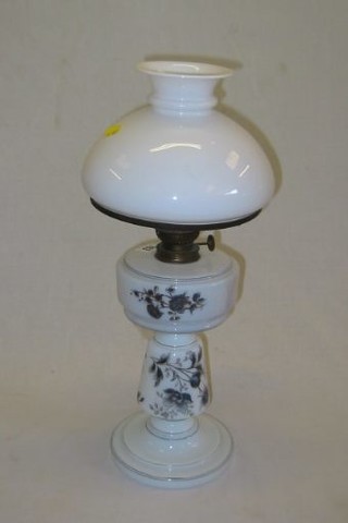 A 19th Century opaque glass oil lamp and shade 21"