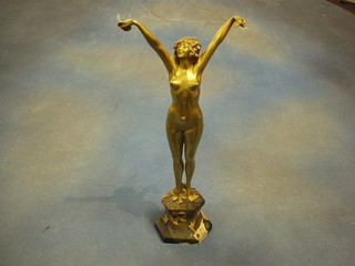 An Art Deco gilt spelter figure of a stretching naked lady, on an octagonal 2 colour marble base, 14"