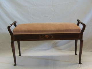 An Edwardian inlaid mahogany box seat duet stool with hinged lid, on cabriole supports 38"