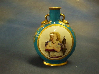A 19th Century Minton porcelain moon flask with gilt handles, decorated a portrait of a  child, the base impressed Minton and marked Coalport decoration 1873, 8"