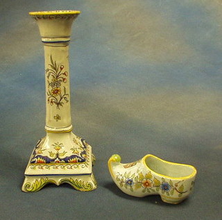 A Quimper candlestick the base marked JP446 9" and a slipper 5"