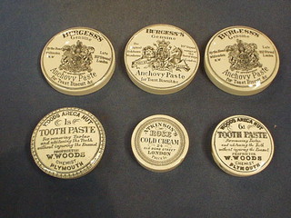 A Woods Areca Nut Toothpaste pot lid, an Atkinson Rose Gold Cream pot lid, a Woods Areca Nut Toothpaste pot lid and 3 Burgess's Anchovies Paste pot lids
