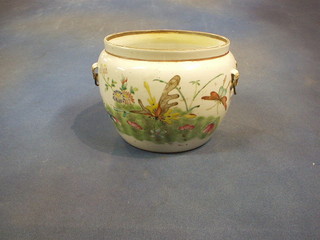 A  Canton famille vert porcelain jardiniere with woven metal drop handles, decorated butterflies amidst landscape (f and r) 7"