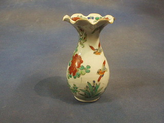 A 19th Century Oriental famille vert porcelain waisted vase with wavy neck, decorated birds amidst flowering branches, 7"