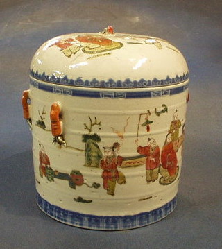 A 19th Century Oriental porcelain pail and cover decorated children climbing trees, the lid decorated a family scene 9", the base with seal mark, (lid f and r)