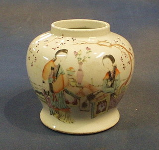 An Oriental porcelain baluster shaped jar, decorated 2 seated figures, the base with seal mark, 6"