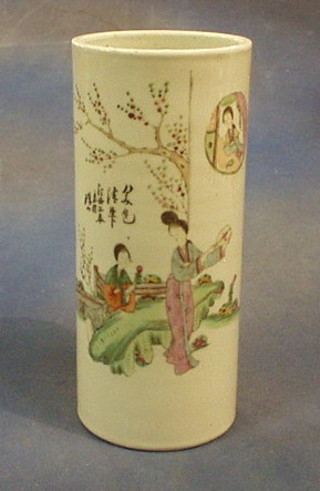 A 19th Century Oriental famille vert porcelain rolleau vase decorated figures by a tree, 11"