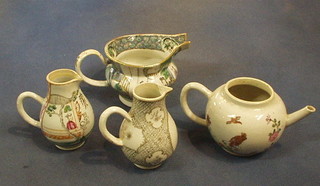 An Oriental famille vert porcelain jug decorated court figures, an Oriental porcelain teapot decorated a bird sat on a rocky out crop and 2 sparrow beak jugs (4)