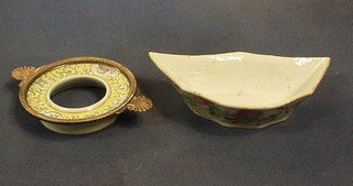 A Canton famille rose crescent moon shaped dish 8" and an Oriental circular dish stand contained in a gilt metal twin handled mount 5"