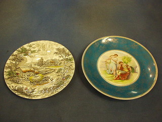 A 19th Century Continental porcelain plate decorated a classical scene with turquoise and gilt banding 11" and a Yorkshire pottery plate decorated harvest scene