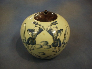 A 19th Century Oriental blue and white porcelain ginger jar decorated figures 9"