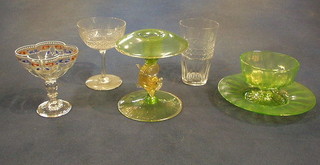 A pair of green Venetian glass candlesticks in the form of dolphins 4 1/2", 3 Venetian green glass sundae dishes and trays and 6 Venetian glass liqueur glasses and a small collection of cut glass items