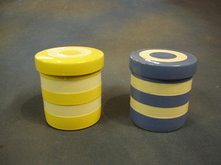 A T G Greener yellow and white striped kitchen storage jar, 5", the base with green shield mark and a blue and white ditto