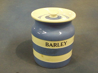 A T G Greener blue and white striped "Barley" storage jar, the base with black shield mark, 6"