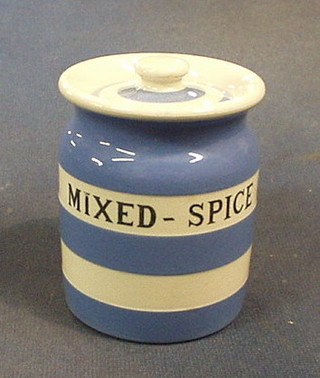 A T G Greener blue and white striped "Mixed Spice" storage jar, the base with black shield mark, 3"