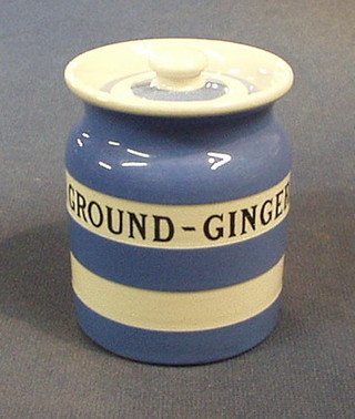 A T G Greener blue and white striped "Ground Ginger" storage jar, the base with black shield mark, 4"