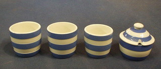 3 T G Greener blue and white striped egg cups, the bases with green shield mark and a circular mustard pot with green shield mark