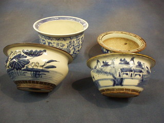 3 Oriental blue and white jardinieres and 9 various jardiniere saucers