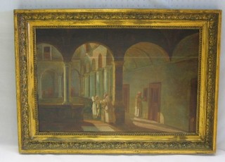 "Delvaux Ferdinand Maire" oil painting on board "Monastery Cloister with Monks" 15" x 22"