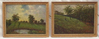 T Majanni, a pair of Continental oil paintings on board "Figure in Orchard" and "Rural Scene with Pond" 11" x 15" signed