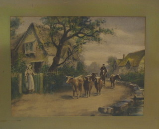 A 19th Century coloured driving print "Driving the Cattle" 14" x 19"