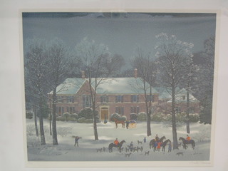 Michel Delacioix, a coloured print "Continental Hunting Scene with Country House" signed in the margin, 19" x 23"