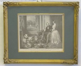 A Victorian monochrome print after Landseer "The Queen and Prince Consort and Their Favourite Dogs" 6" x 7 1/2"