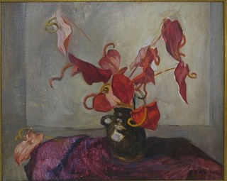 G W Elliott, oil on canvas, still life study "Vase of Flowers" 16" x 19"