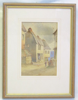 M F Holden, 19th Century watercolour drawing "Street Scene with Sea in Distance" 9" x 6"