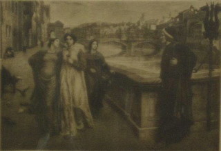 19th Century monochrome print "The Meeting of Dante and Beatuic" 7" x 10"
