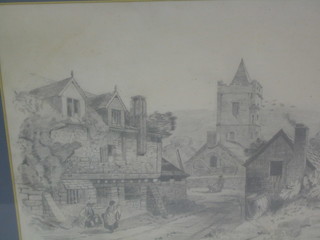 T C Clifford, a pencil drawing "Village Church and Lane with Figures" 14" x 20" signed and dated 1868