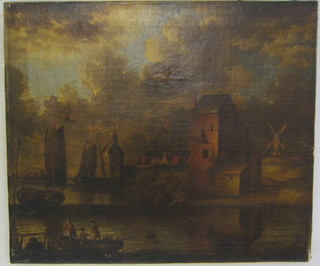A 19th Century Dutch School oil painting on canvas "Harbour Scene with Figures, Windmill and Sailing Boats" indistinctly signed 20" x 24"