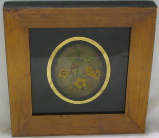 A Victorian painting on glass "Buttercups" 5" oval, contained in a maple frame