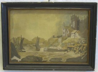 An 18th Century wool work picture "Harbour with Ships in Heavy Sea, Church in Distance" 10" x 15" (4" tear to top left hand corner)