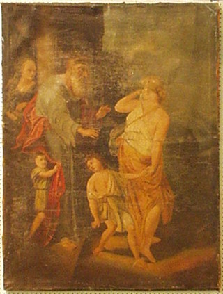 An 18th/19th Century oil painting on canvas "Religious Scene with Moses, Female Figures and Children"  47" x 35"