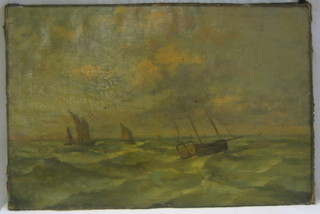 A Fontaine, oil painting on canvas "Seascape with Three Ships in Light Sea" 23" x 34"